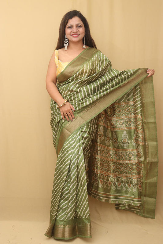 Green Leheriya Print Tussar Cotton Silk Saree - Luxurion World