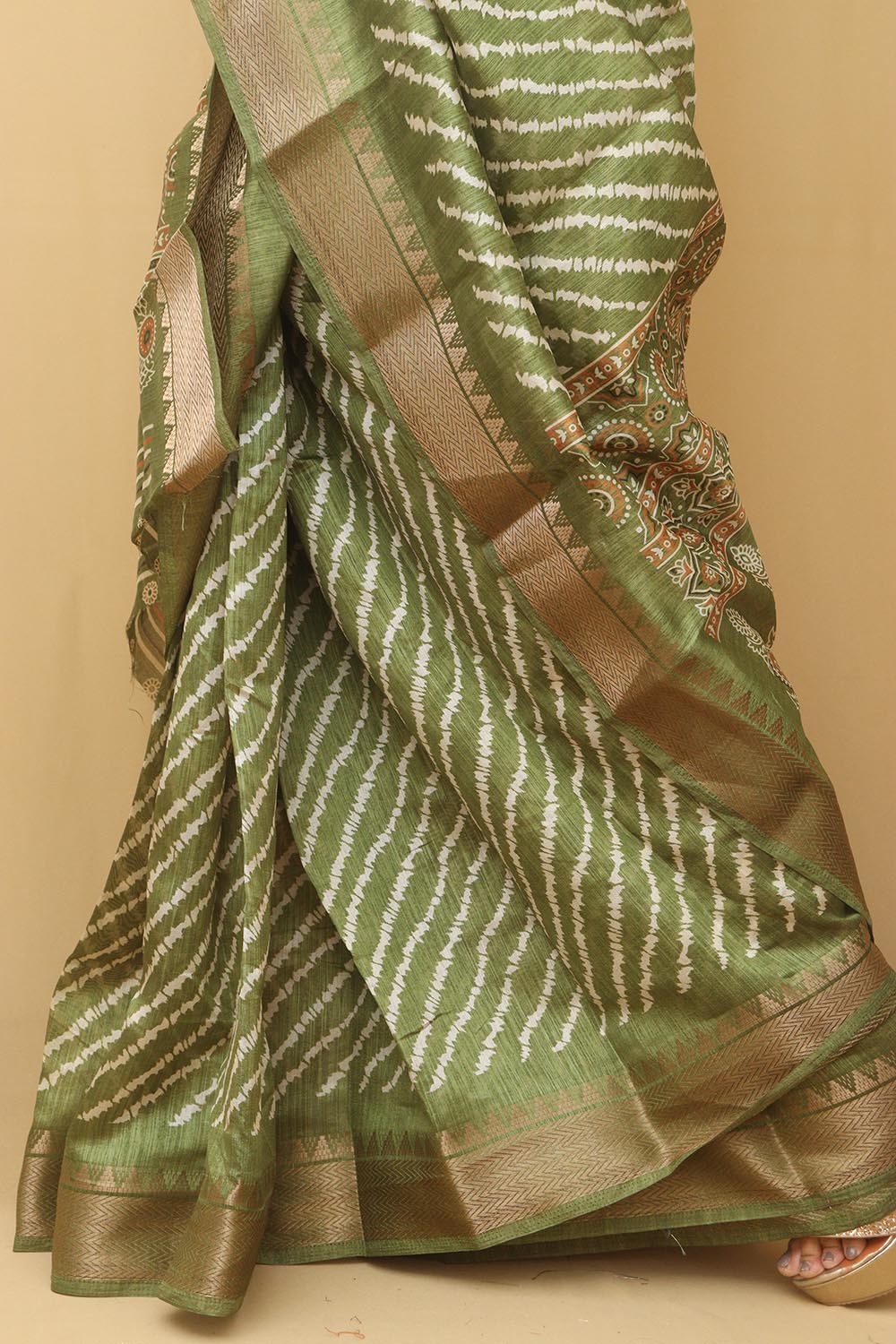 Green Leheriya Print Tussar Cotton Silk Saree - Luxurion World