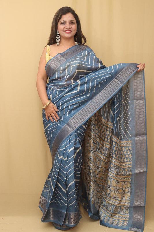 Blue Leheriya Print Tussar Cotton Silk Saree