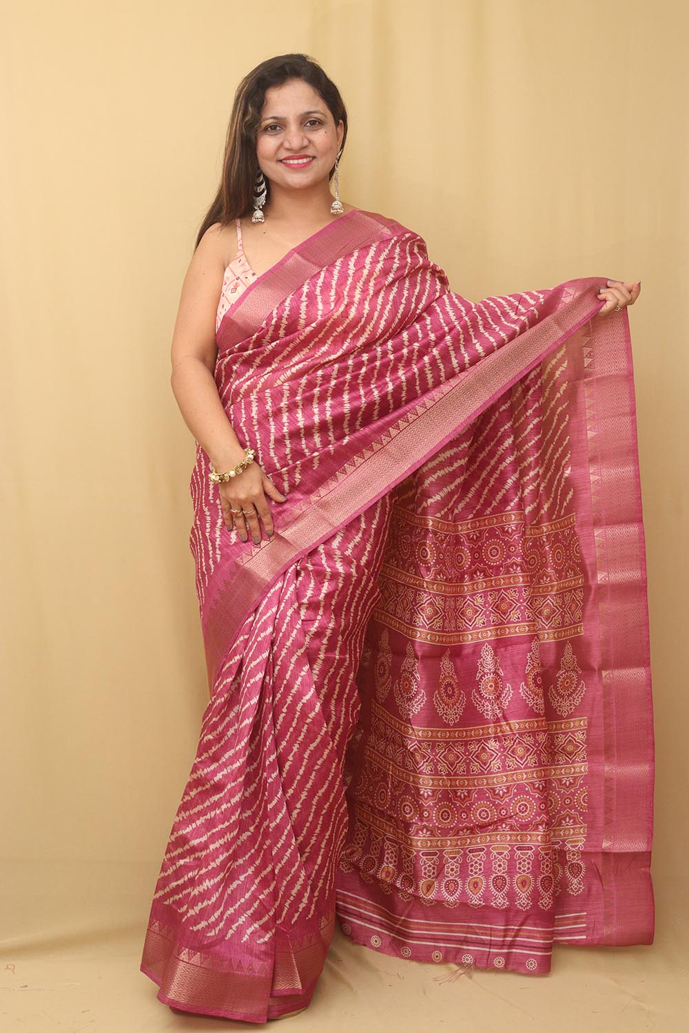 Stunning Pink Leheriya Print Tussar Saree - Luxurion World