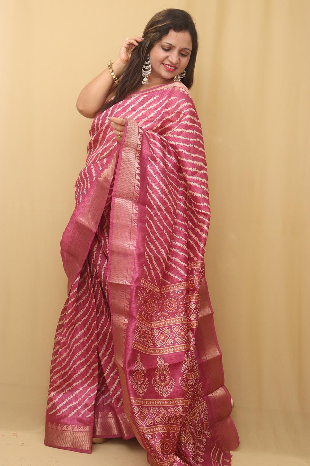 Stunning Pink Leheriya Print Tussar Saree - Luxurion World