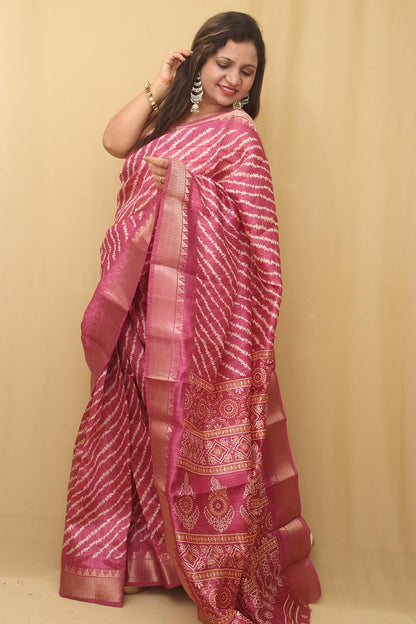 Stunning Pink Leheriya Print Tussar Saree - Luxurion World