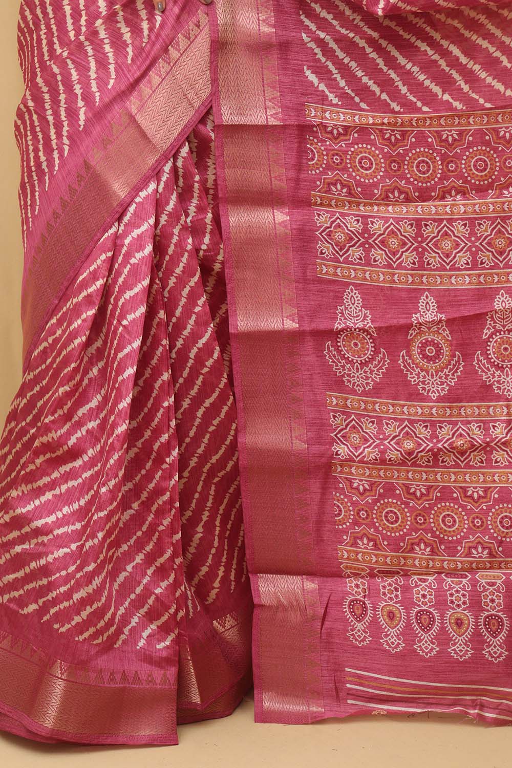 Stunning Pink Leheriya Print Tussar Saree - Luxurion World