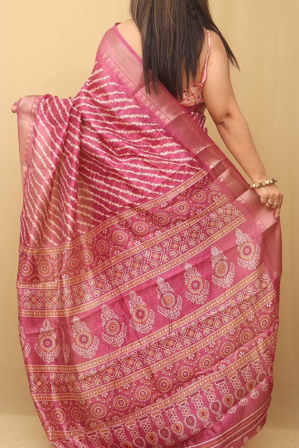 Pink Leheriya Print Tussar Cotton Silk Saree - Luxurion World