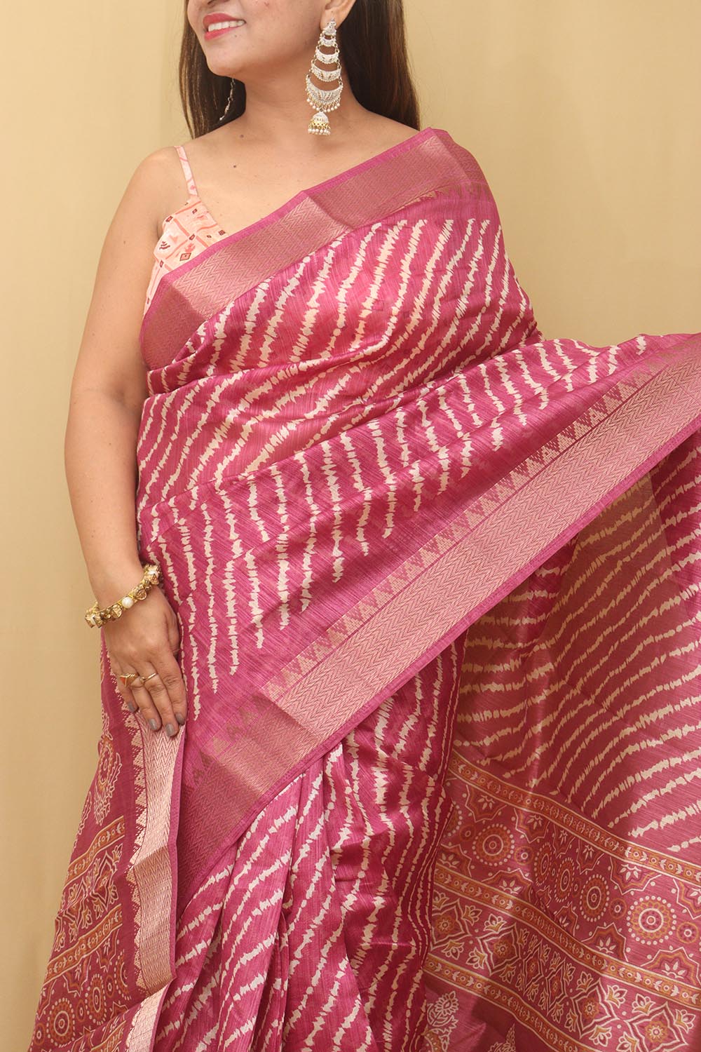 Stunning Pink Leheriya Print Tussar Saree - Luxurion World