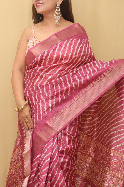 Stunning Pink Leheriya Print Tussar Saree - Luxurion World