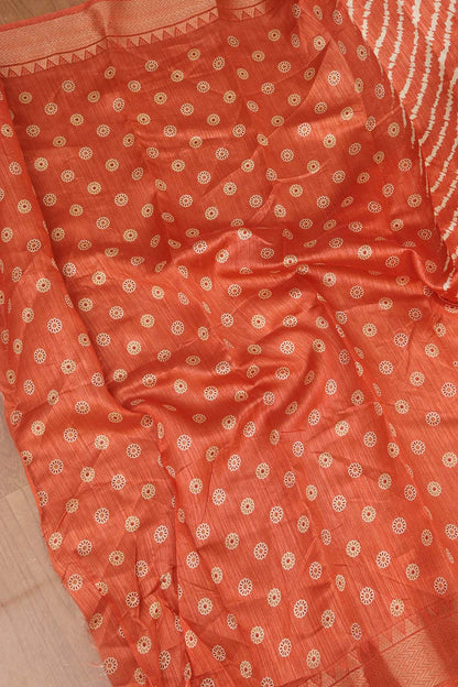 Orange Leheriya Print Tussar Cotton Silk Saree - Luxurion World