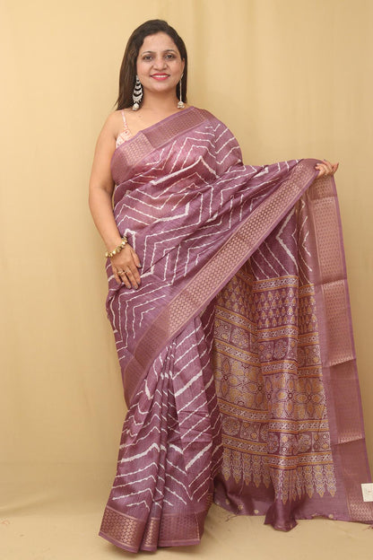 Purple Leheriya Print Tussar Cotton Silk Saree - Luxurion World