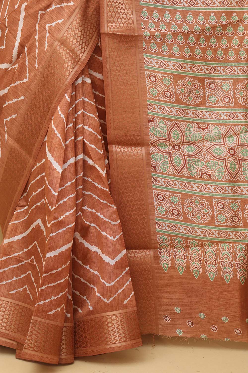Brown Leheriya Print Tussar Cotton Silk Saree - Luxurion World