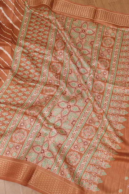 Brown Leheriya Print Tussar Cotton Silk Saree - Luxurion World