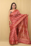 1 Min Ready To Wear - Red Leheriya Print Tussar Cotton Silk Saree - Luxurion World