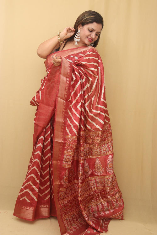 1 Min Ready To Wear - Red Leheriya Print Tussar Cotton Silk Saree - Luxurion World