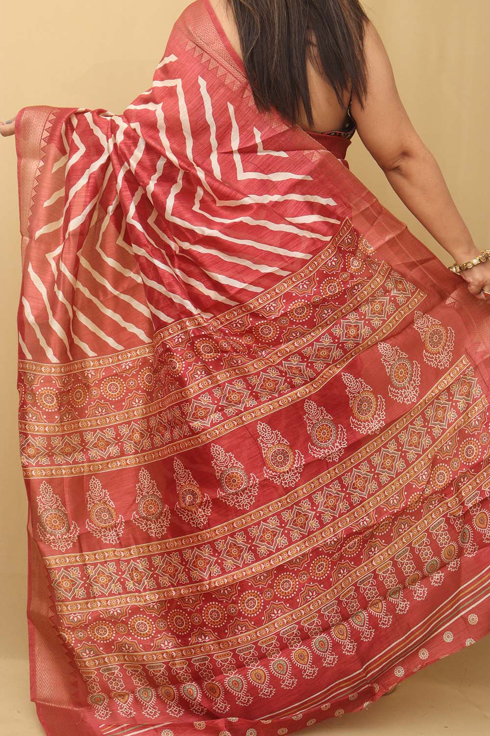 1 Min Ready To Wear - Red Leheriya Print Tussar Cotton Silk Saree - Luxurion World