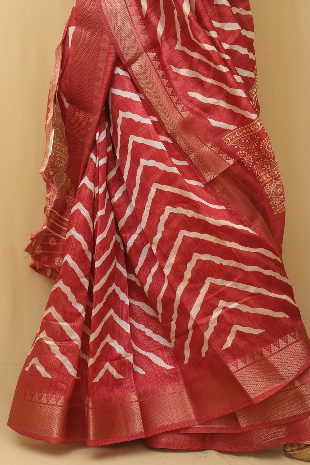 1 Min Ready To Wear - Red Leheriya Print Tussar Cotton Silk Saree - Luxurion World