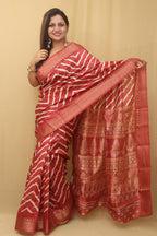 1 Min Ready To Wear - Red Leheriya Print Tussar Cotton Silk Saree - Luxurion World