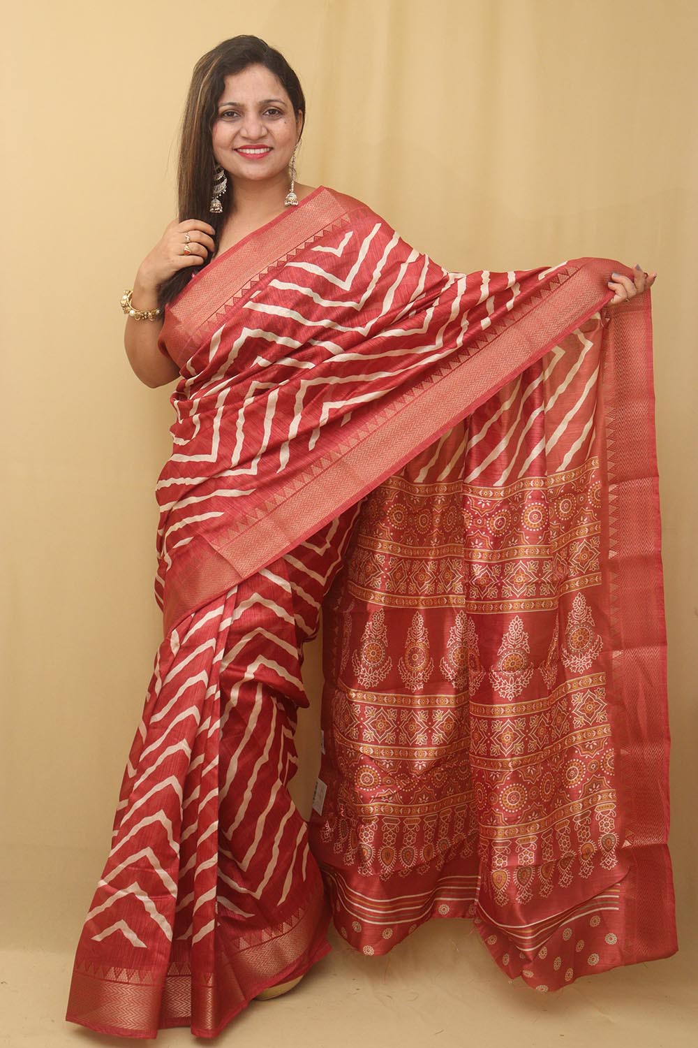 1 Min Ready To Wear - Red Leheriya Print Tussar Cotton Silk Saree - Luxurion World
