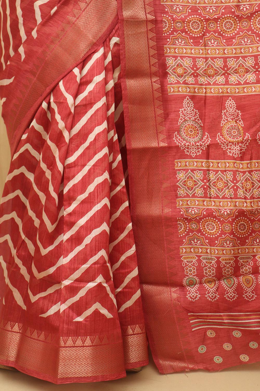 1 Min Ready To Wear - Red Leheriya Print Tussar Cotton Silk Saree - Luxurion World