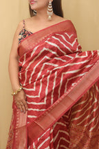 1 Min Ready To Wear - Red Leheriya Print Tussar Cotton Silk Saree - Luxurion World
