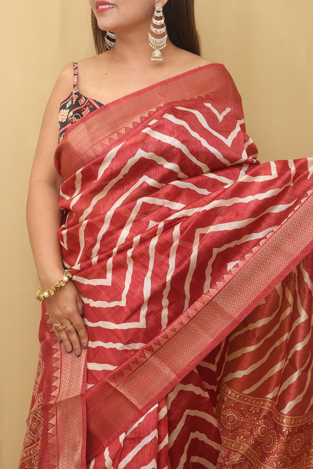 1 Min Ready To Wear - Red Leheriya Print Tussar Cotton Silk Saree - Luxurion World