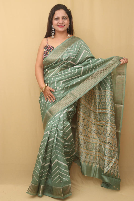Green Leheriya Print Tussar Cotton Silk Saree - Luxurion World