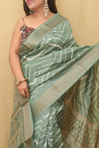Green Leheriya Print Tussar Cotton Silk Saree - Luxurion World