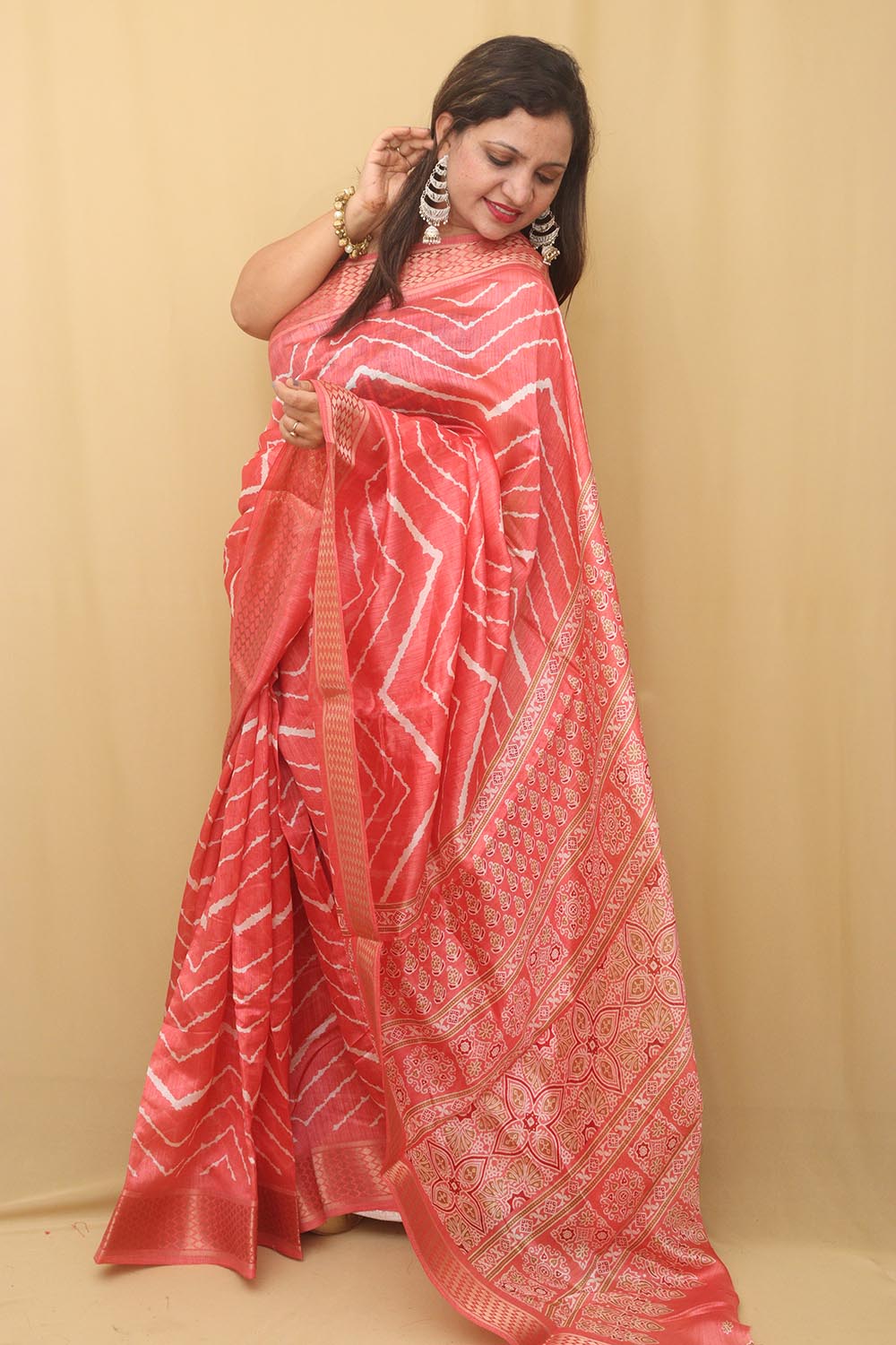 Pink Leheriya Print Tussar Cotton Silk Saree - Luxurion World