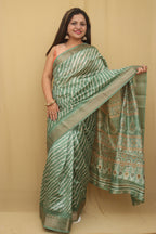 1 Min Ready To Wear - Green Leheriya Print Tussar Cotton Silk Saree - Luxurion World