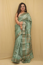 1 Min Ready To Wear - Green Leheriya Print Tussar Cotton Silk Saree - Luxurion World
