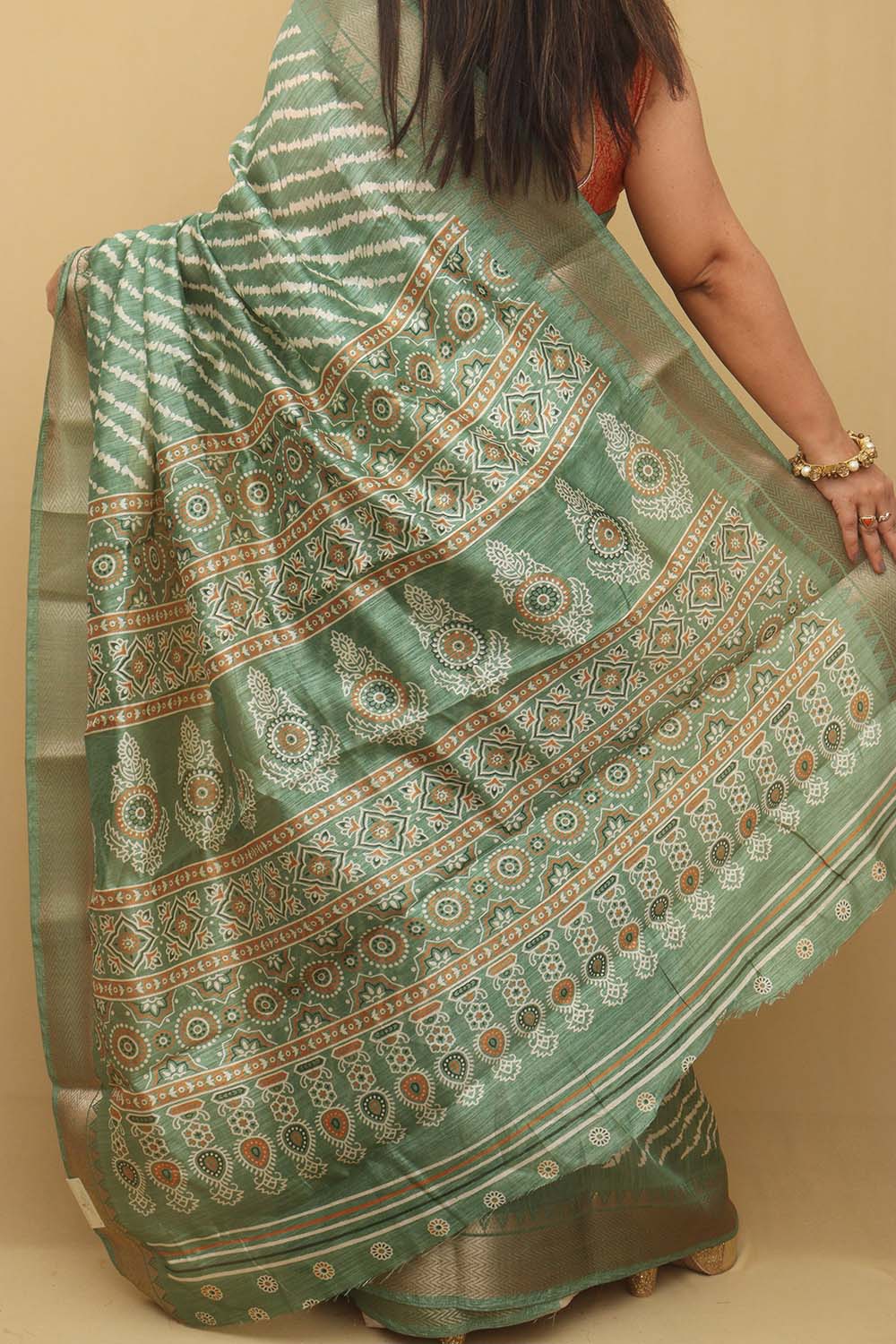 1 Min Ready To Wear - Green Leheriya Print Tussar Cotton Silk Saree - Luxurion World