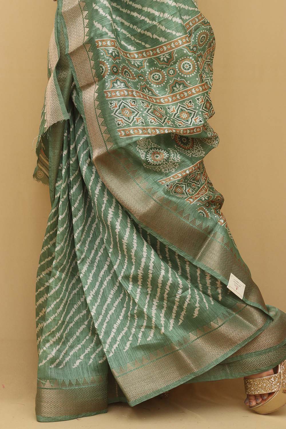 1 Min Ready To Wear - Green Leheriya Print Tussar Cotton Silk Saree - Luxurion World