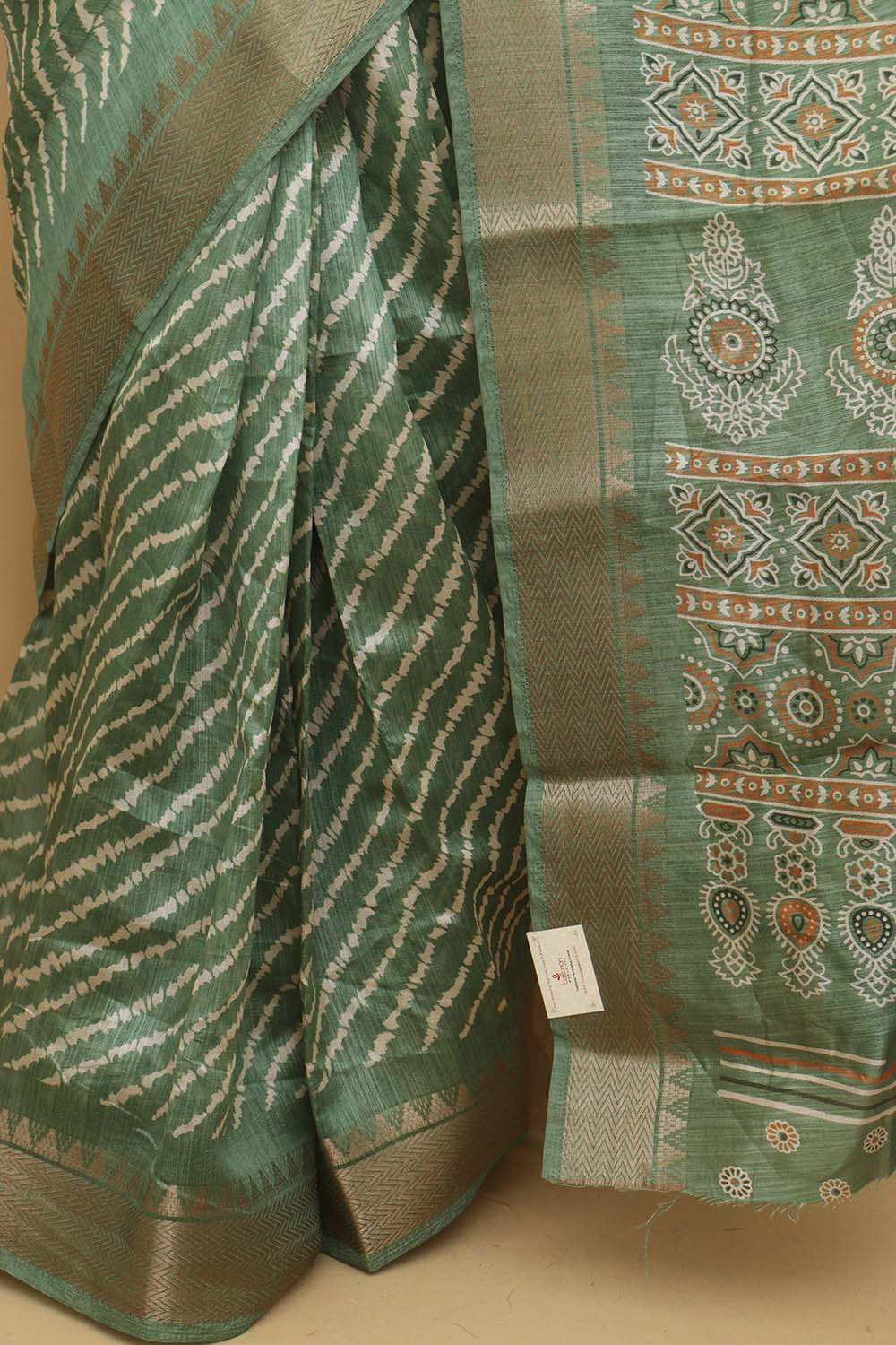 1 Min Ready To Wear - Green Leheriya Print Tussar Cotton Silk Saree - Luxurion World