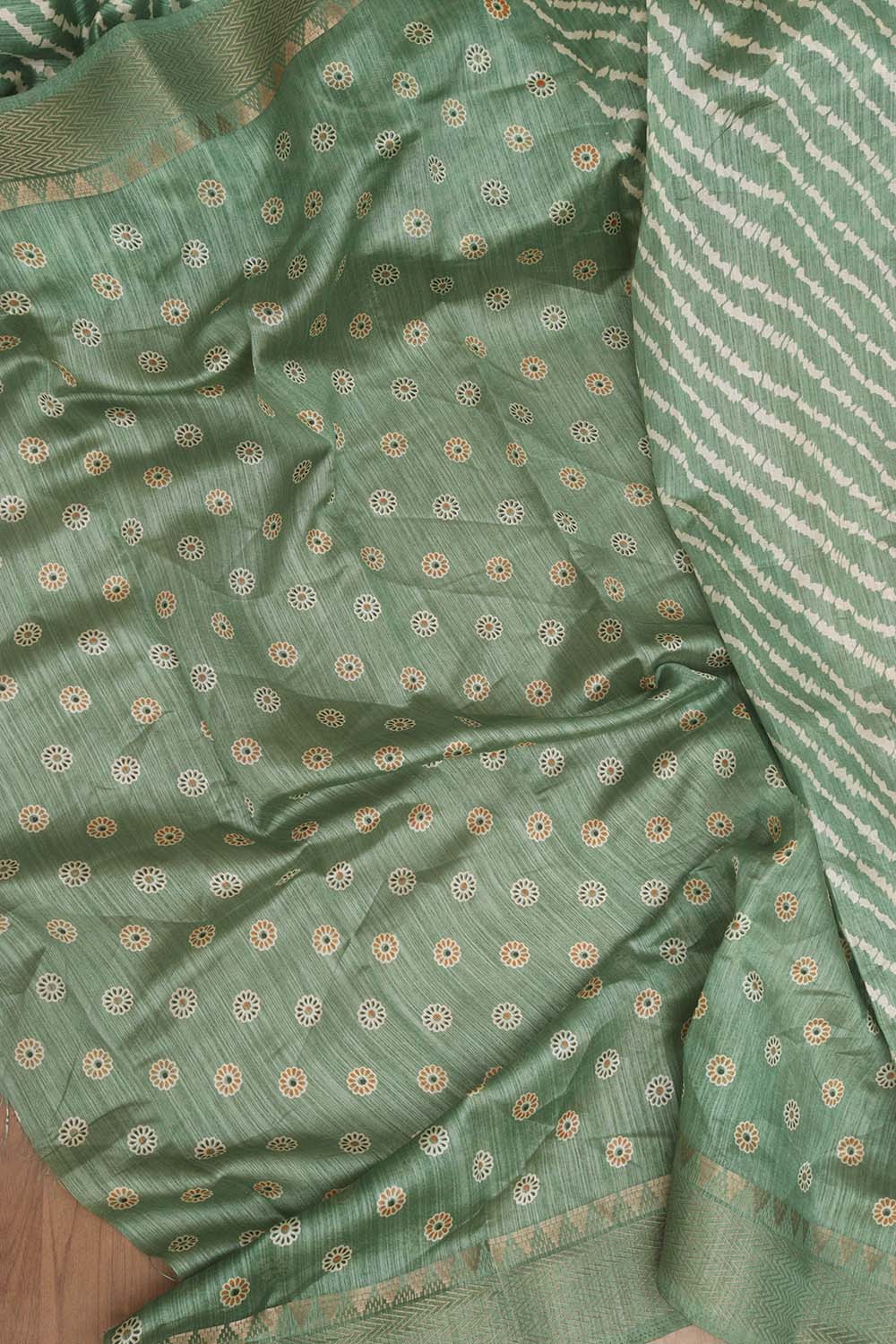 1 Min Ready To Wear - Green Leheriya Print Tussar Cotton Silk Saree - Luxurion World