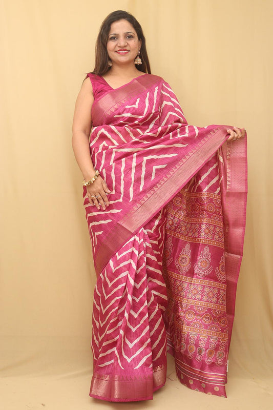 Pink Leheriya Print Tussar Cotton Silk Saree - Luxurion World