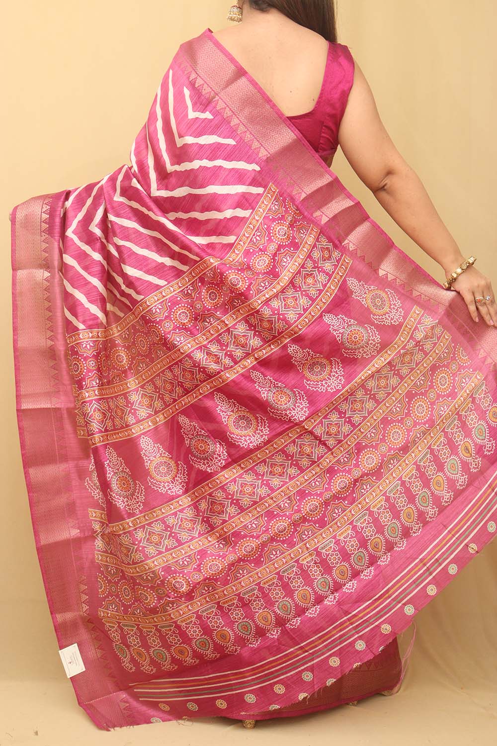 Pink Leheriya Print Tussar Cotton Silk Saree - Luxurion World