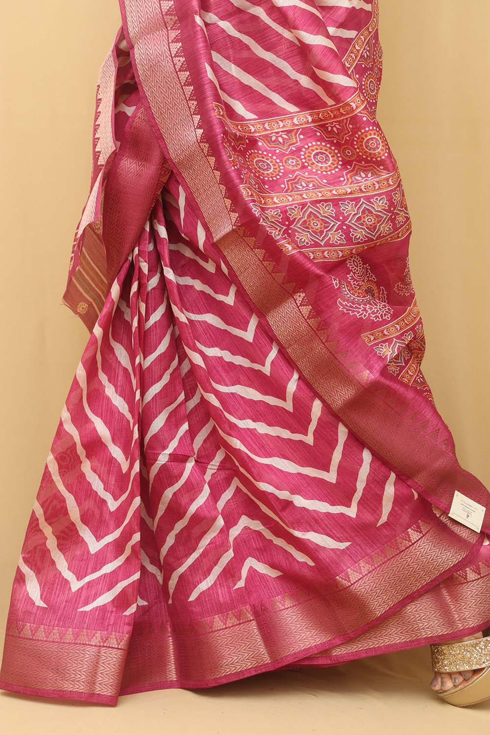 Pink Leheriya Print Tussar Cotton Silk Saree - Luxurion World