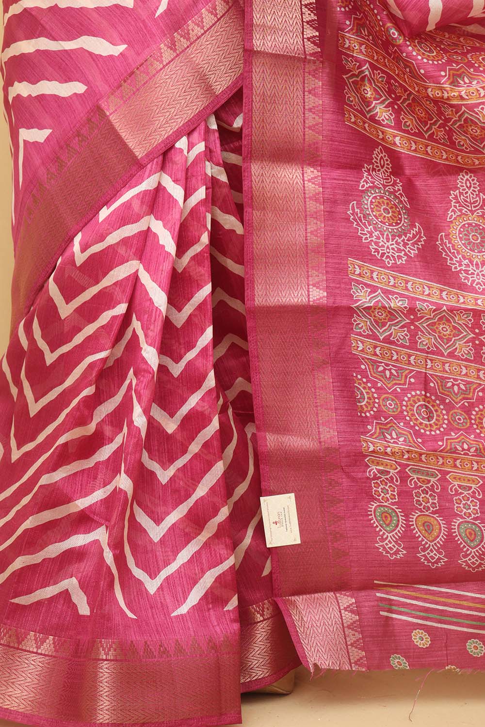 Pink Leheriya Print Tussar Cotton Silk Saree - Luxurion World