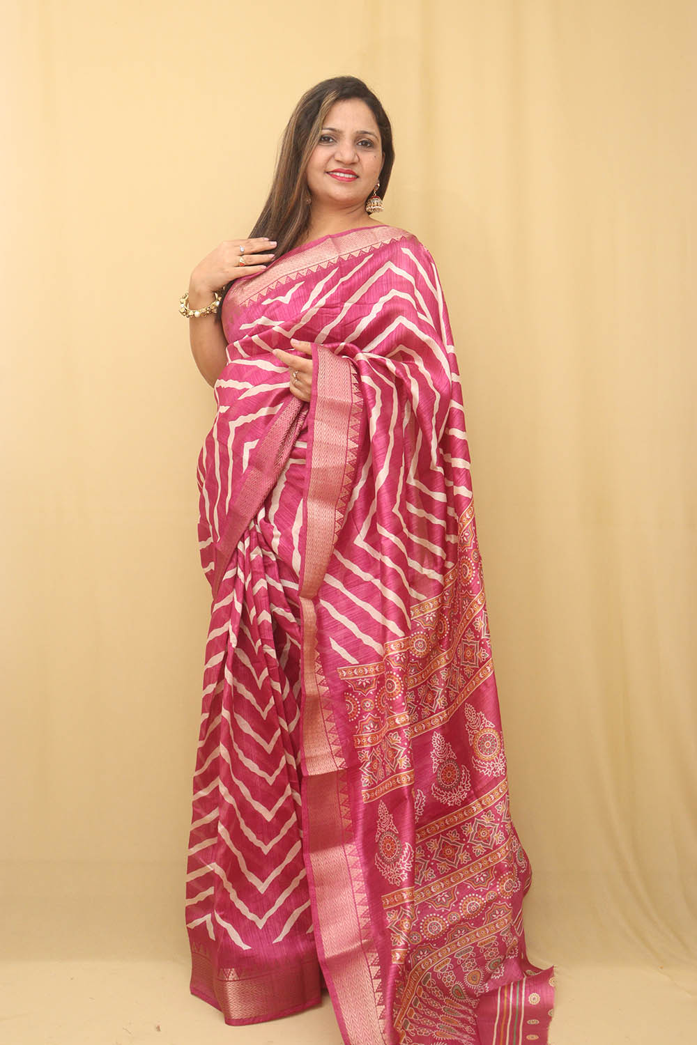Pink Leheriya Print Tussar Cotton Silk Saree - Luxurion World