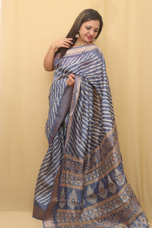 Blue Leheriya Print Tussar Cotton Silk Saree - Luxurion World