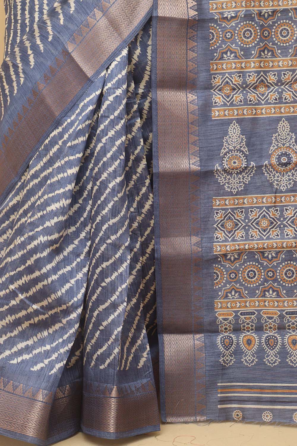 Blue Leheriya Print Tussar Cotton Silk Saree - Luxurion World