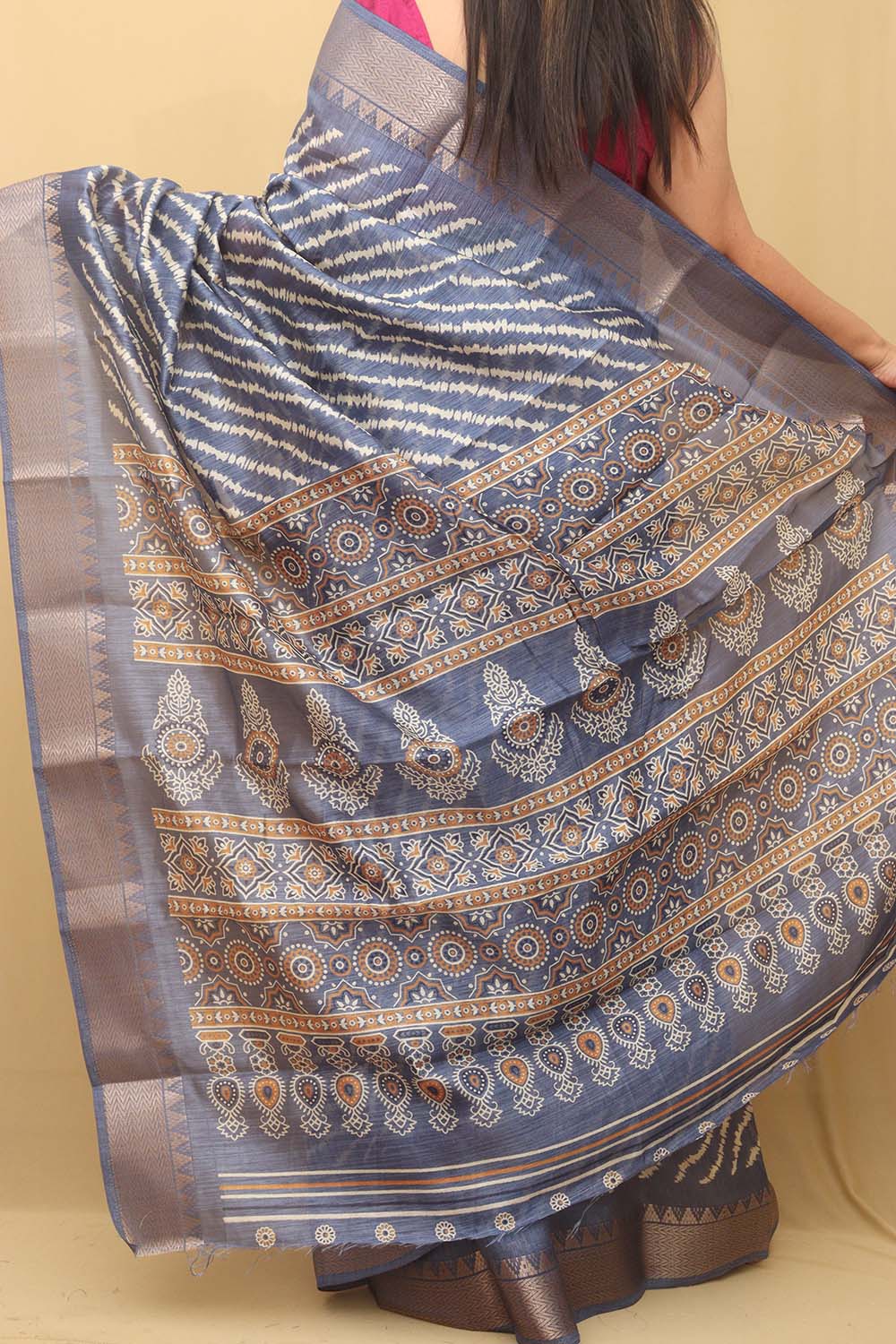 Blue Leheriya Print Tussar Cotton Silk Saree - Luxurion World