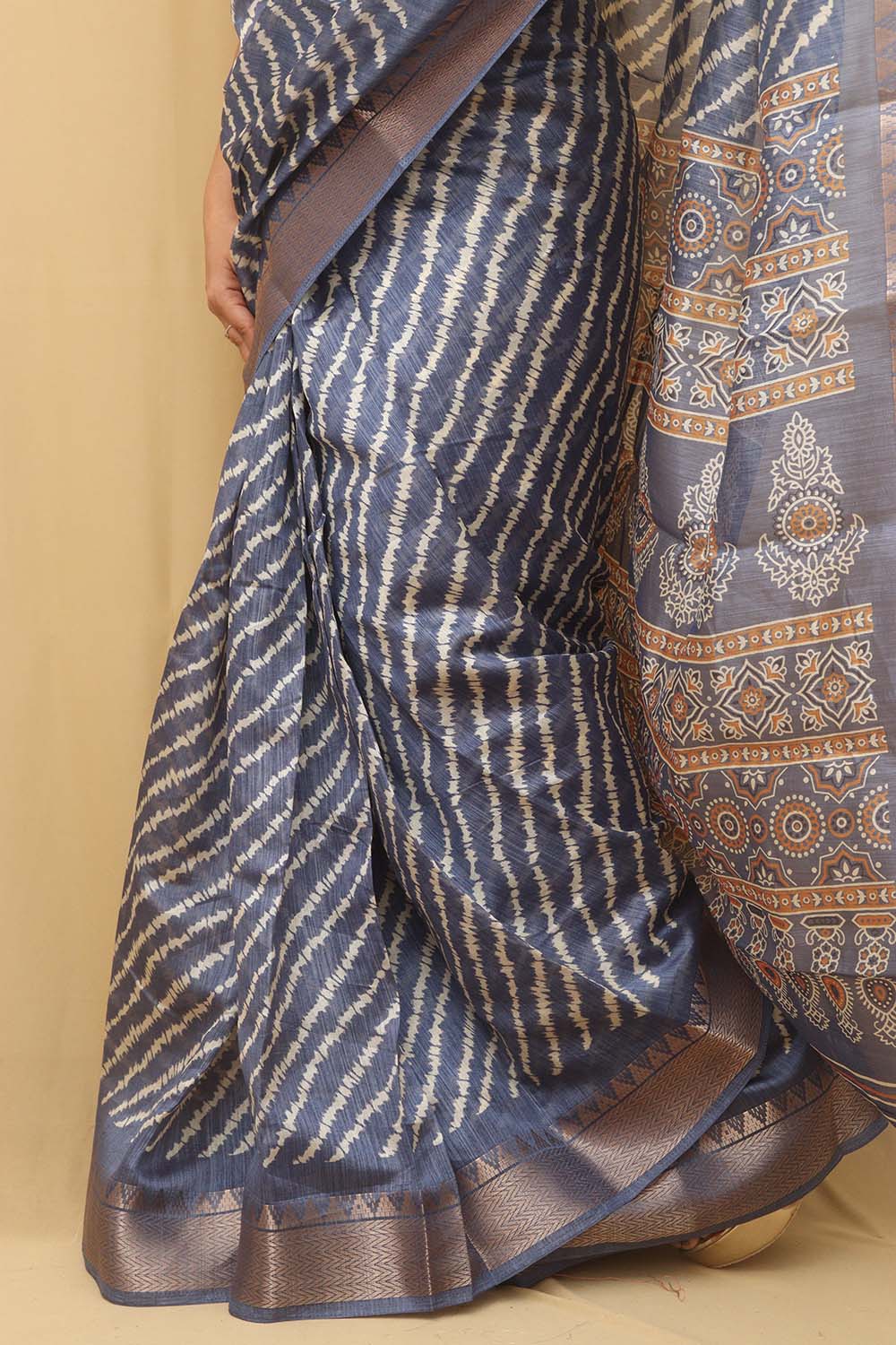 Blue Leheriya Print Tussar Cotton Silk Saree - Luxurion World