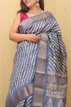 Blue Leheriya Print Tussar Cotton Silk Saree - Luxurion World