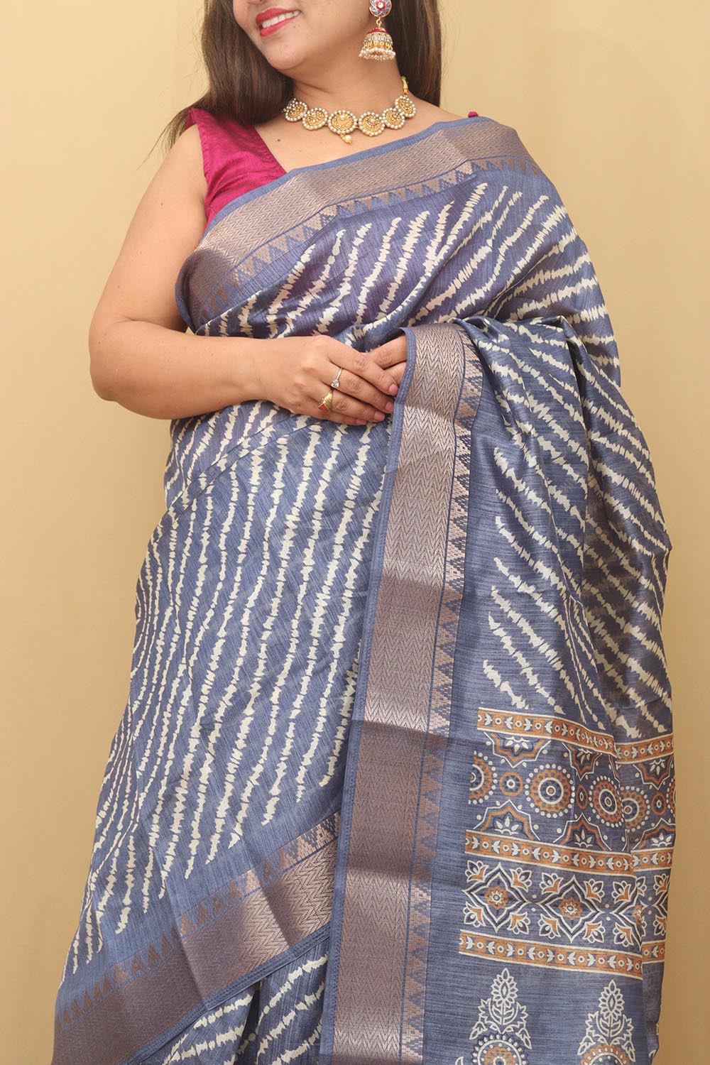 Blue Leheriya Print Tussar Cotton Silk Saree - Luxurion World