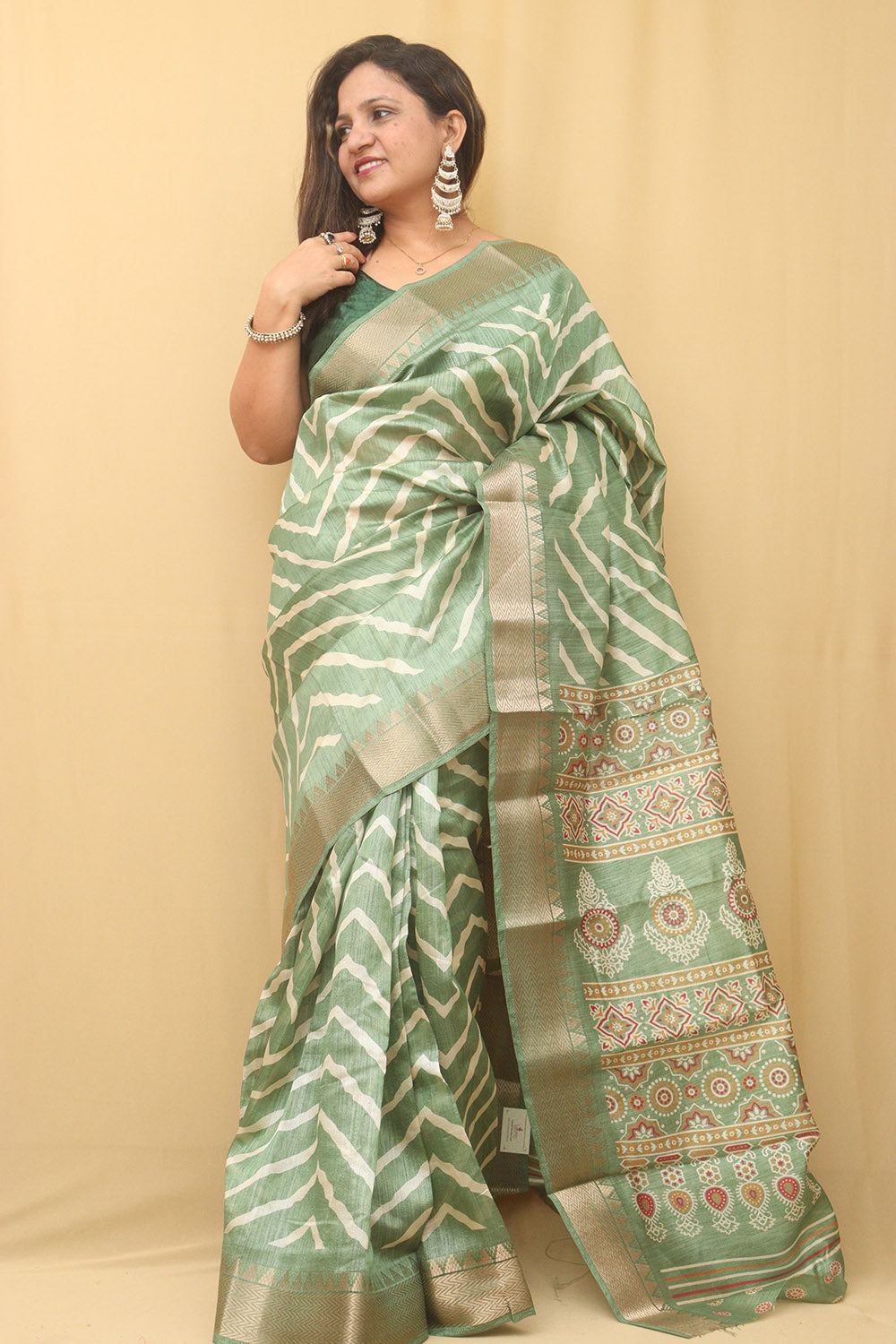 Stunning Green Leheriya Tussar Silk Saree - Luxurion World