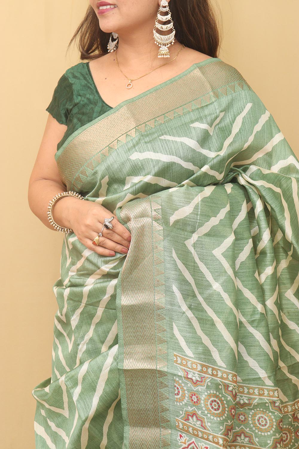 Stunning Green Leheriya Tussar Silk Saree - Luxurion World