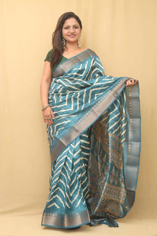Blue Leheriya Print Tussar Cotton Silk Saree - Luxurion World