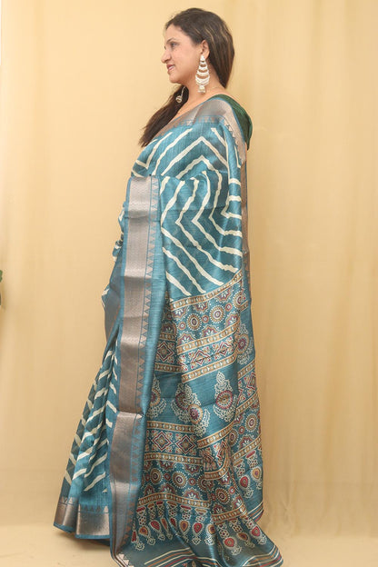 Blue Leheriya Print Tussar Cotton Silk Saree - Luxurion World