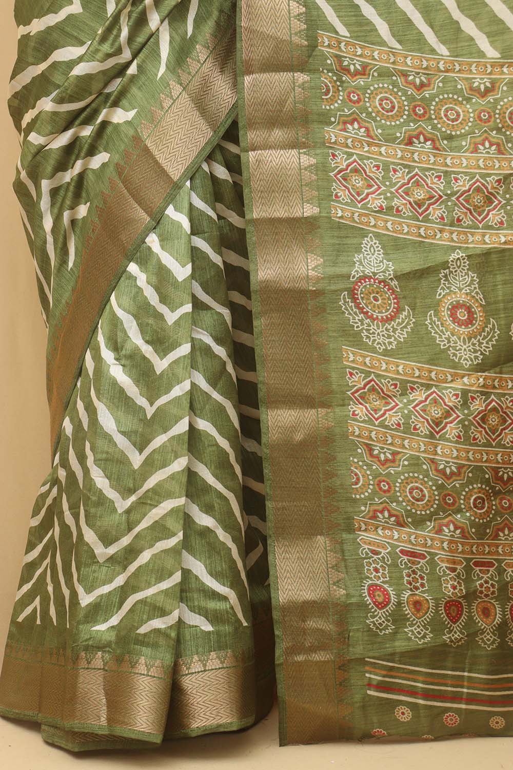 Green Leheriya Print Tussar Cotton Silk Saree - Luxurion World