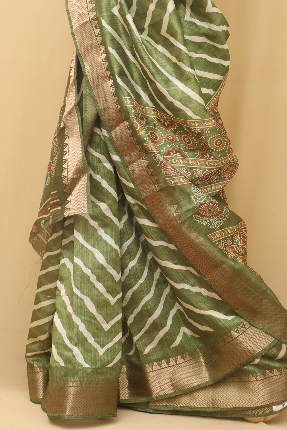 Green Leheriya Print Tussar Cotton Silk Saree - Luxurion World