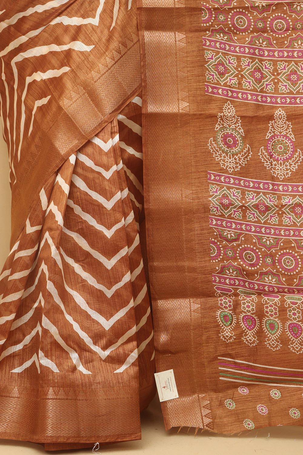 Brown Leheriya Print Tussar Cotton Silk Saree - Luxurion World